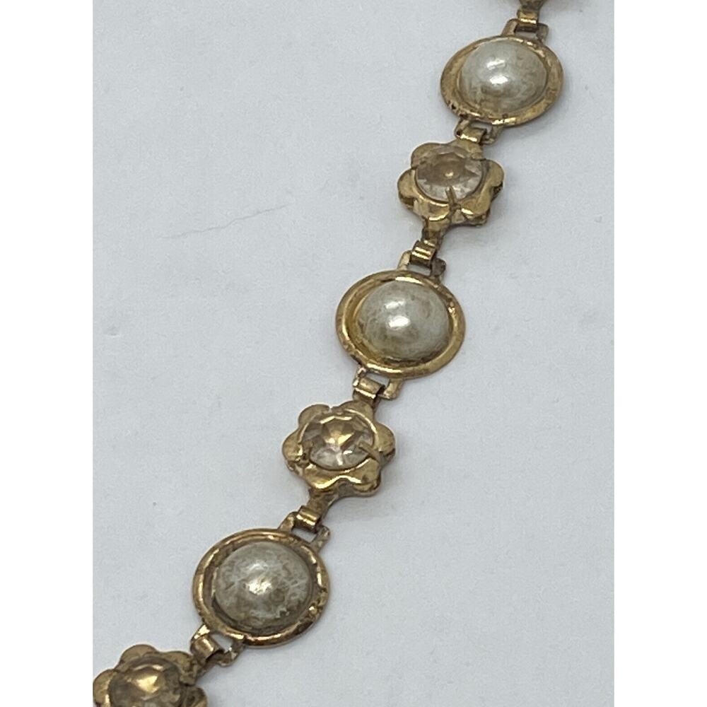 Fashion Gold Metal 34” Chain Necklace Plastic White Beads Rhinestones Estate - Picture 3 of 10